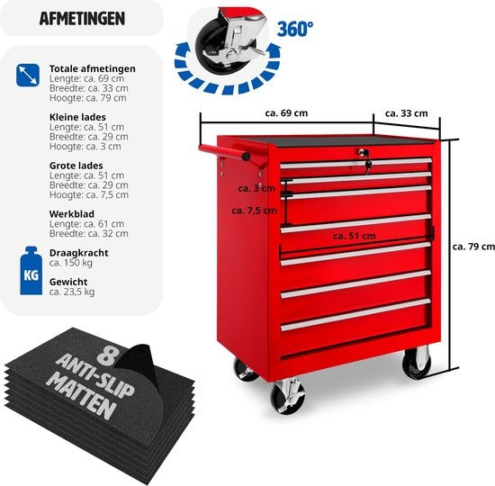 tectake - Werkzeugwagen mit 7 Schubladen - Werkstattwagen, mobile Werkstatt, leerer Werkzeugwagen, Werkzeugkasten, 7 Schubladen, 69 x 33 x 79 cm, Räder mit Bremse, inkl. 2 Schlüssel - rot