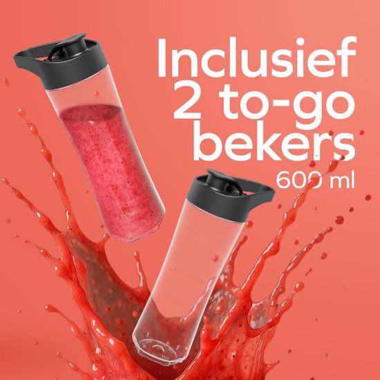 KitchenBrothers Mini Mixer - Mixer zum Mitnehmen - Smoothie Maker - 2 To-Go Becher 600 ml - Schwarz