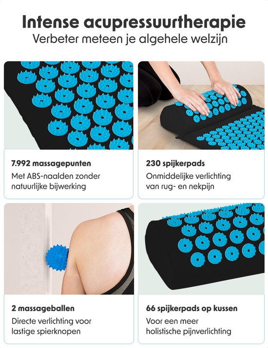 LifeGoods Akupressurmatte mit Kissen - Shakti Matte - Nagelmatte inkl. 2x Triggerpunkt Ball - 66x40x2cm - Schwarz/Türkis