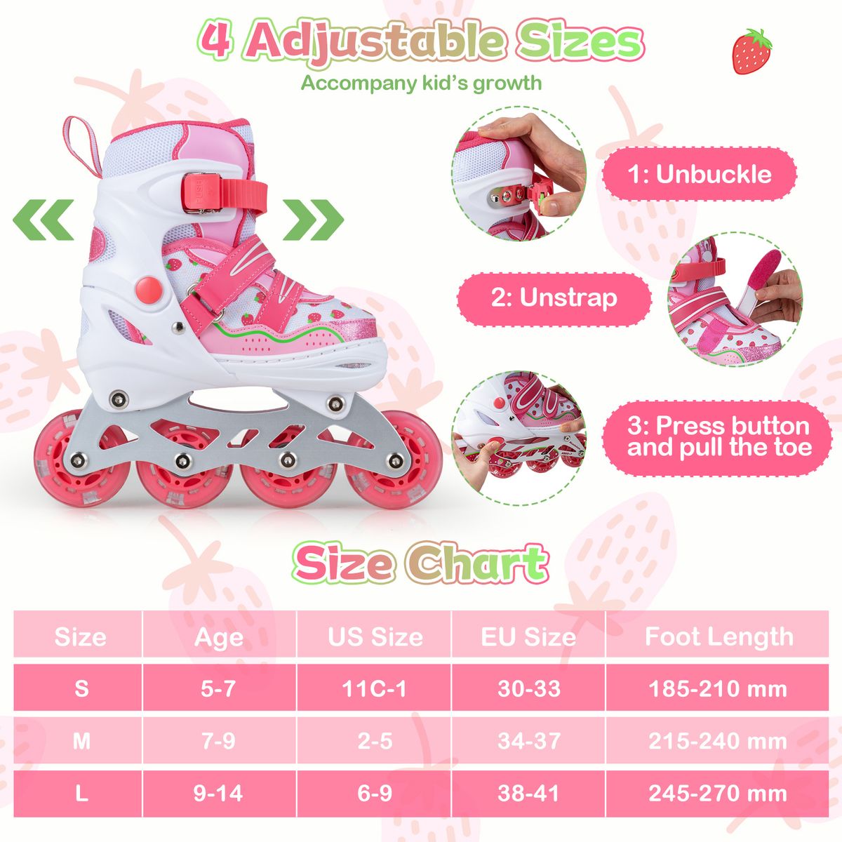 Coast Kinder-Inline-Skates – in 4 Größen verstellbar – Leuchtende Rollen – Rosa