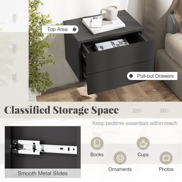 Coast Schwebender Nachttisch mit 2 Schubladen 42x30x28 cm - Grau - Moderner wandmontierter Nachttisch