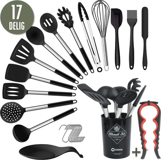COOCK Kitchenware Set mit Halter XL - Kochgeschirr-Set 17-teilig - Silikon - BPA-frei & plastikfrei - aufhängbar - inkl. Ã–ffner