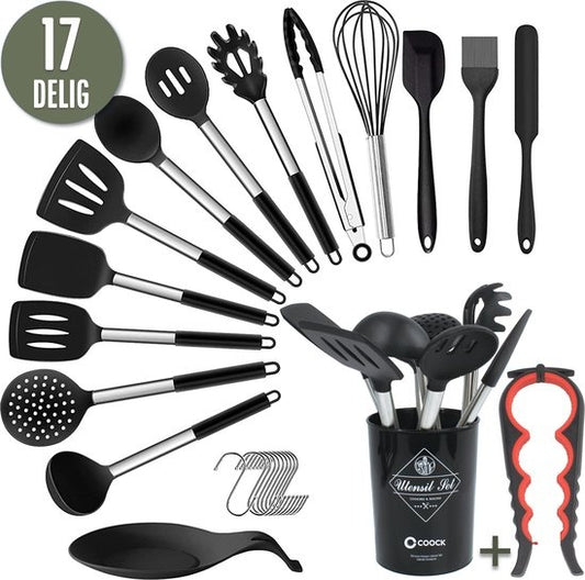 COOCK Kitchenware Set mit Halter XL - Kochgeschirr-Set 17-teilig - Silikon - BPA-frei & plastikfrei - aufhängbar - inkl. Ã–ffner