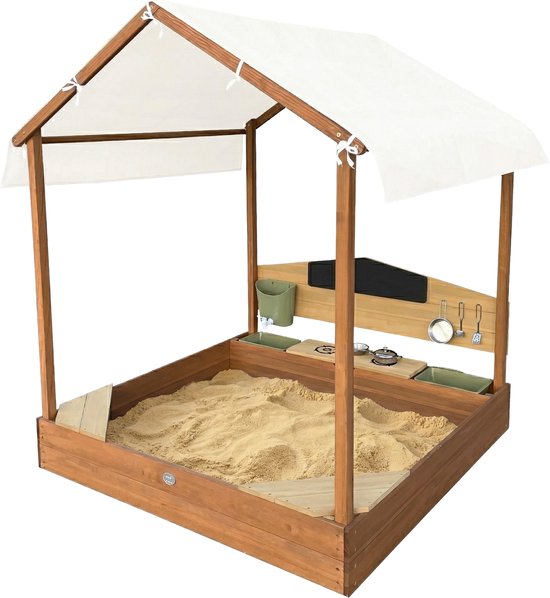 AXI Meli Sandkasten & Spielhaus 120 x 120 cm mit Spielküche – Braun – Mit Dach – FSC-Holz – Mit Kreidetafel, Wassertank und 6-teiligem Spielzeug-Kochset – Mit 2 Bänken - Inklusive Bodenplane – 10 Jahre Garantie
