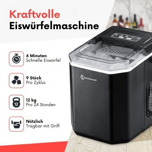 Kitchenwell - Eiswürfelmaschine - 1.3L - 6min - Selbstreinigungsfunktion - Tragbar - Schwarz