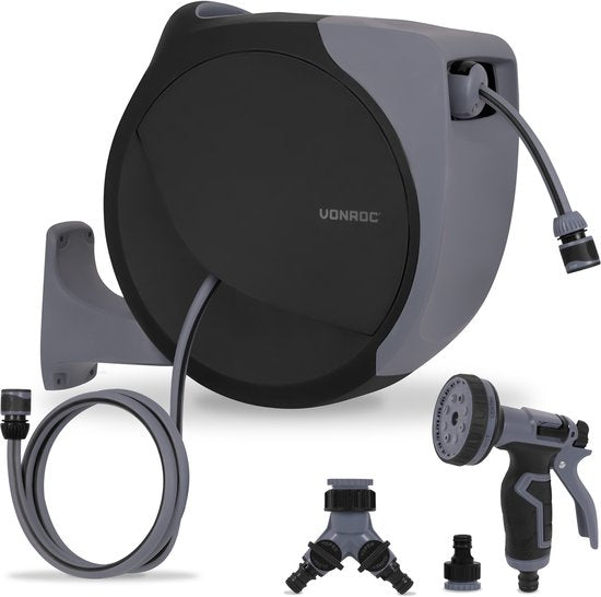 VONROC Automatische Schlauchtrommel – Wandschlauchbox – inkl. 30 m Premium-Gartenschlauch, Spritzpistole mit 8 Sprühstufen und Anschlüssen – schwarz/grau