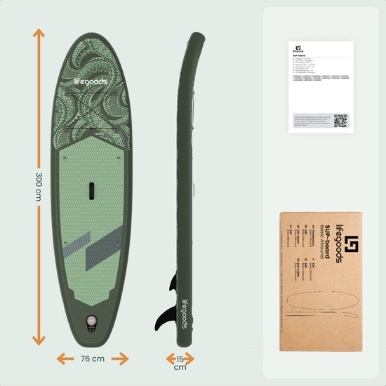 LifeGoods SUP Board All-round Compact - 100 KG Belastbarkeit - 300 x 76 cm - Aufblasbar - Komplettes SUP Paket - Grün/Leger Grün