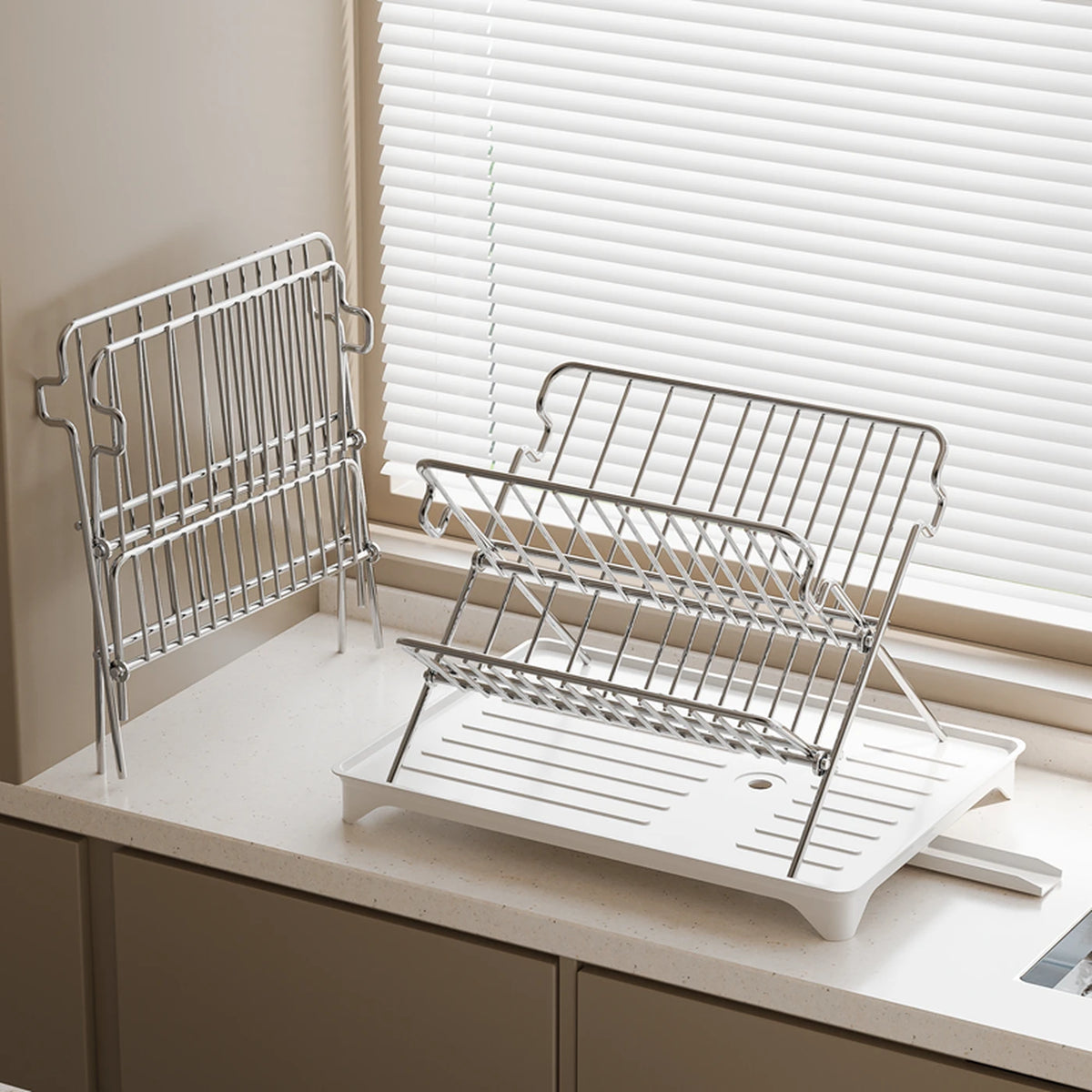 Maxcook zusammenklappbarer Abtropfständer – 2-stöckig, Edelstahl – mit Auffangschale – 42 × 32 × 30 cm