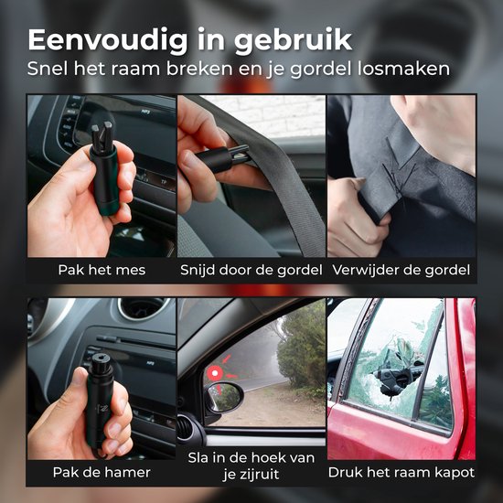 Nuvance Sicherheitshammer – Nothammer – inkl. selbstklebender Halterung und Testglas – Gurtschneider – Auto-Hammer – Sicher unterwegs – Schwarz