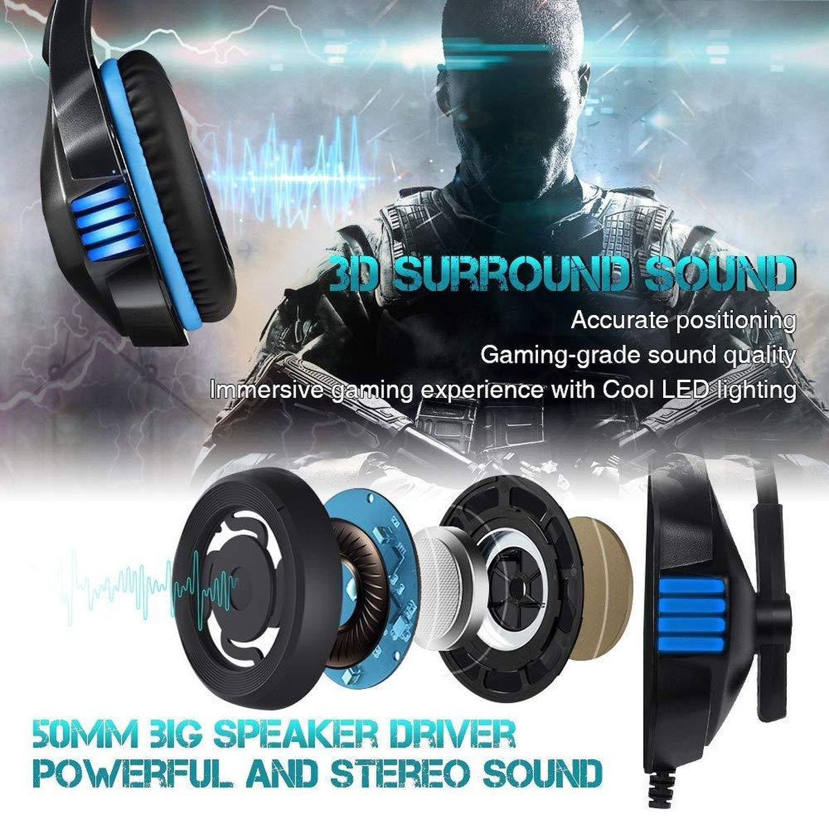Hunterspider V3 Gaming-Headset - Schwarz/Blau - Geeignet für PS4, Xbox One & Windows