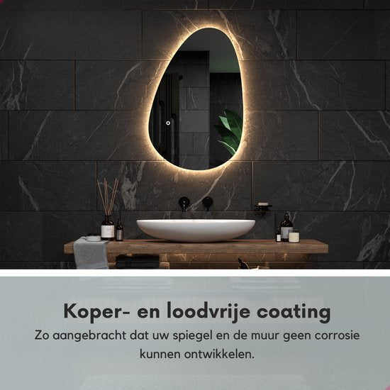 Mirlux Badezimmerspiegel mit LED-Beleuchtung - Asymmetrischer Wandspiegel - Organische Form - Anti-Kondensations-Duschspiegel - Wandspiegel 90x60CM