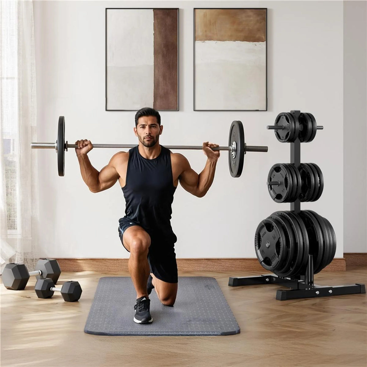 Yaheetech Hantelscheibenständer - Ausgestattet mit 6 Scheibenhaltern und 2 Halterungsstangenhaltern und Kunststoff-Schutzfüßen - Für Home Gym - Schwarzes pulverbeschichtetes Metall - 68,5 x 61 x 113 cm