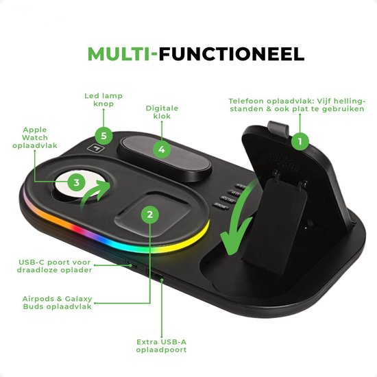 iSetchi Wireless Qi Charger 15 Watt Schnellladegerät (4-in-1) - Mit Quick Charge 3.0 Adapter, LED Uhr & LED Lampe - Qi Ladestation