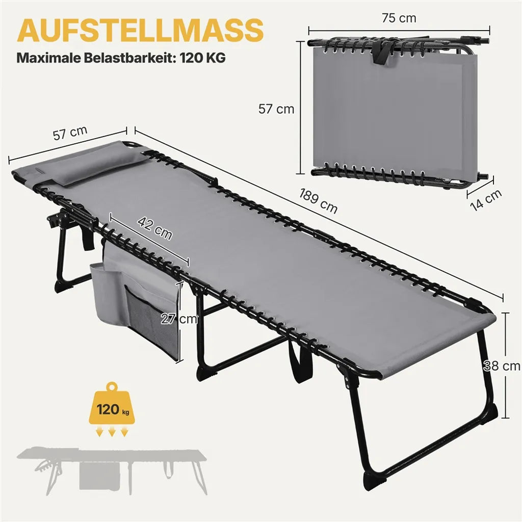 Yaheetech Klappliegestuhl 189 cm – Grau – Verstellbarer Sonnenliegestuhl mit Kopfkissen und Staufach