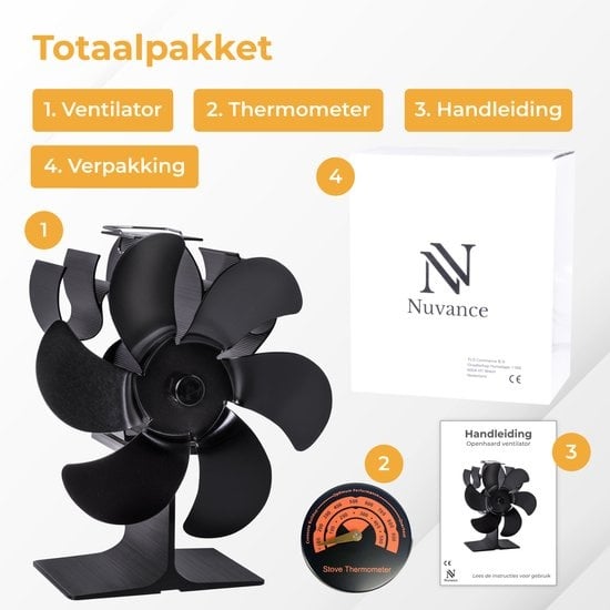 Nuvance Ofenventilator - Für Woodburner - Thermometer enthalten - Kaminventilator - Ofen Ecofan - Wärmeventilator - Schwarz