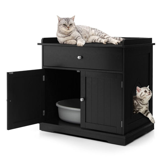 Coast Katzenklo und Katzenhaus mit Schublade und 2 Türen - Schwarz - 76 x 53 x 73,5 cm - Multifunktionaler Beistelltisch