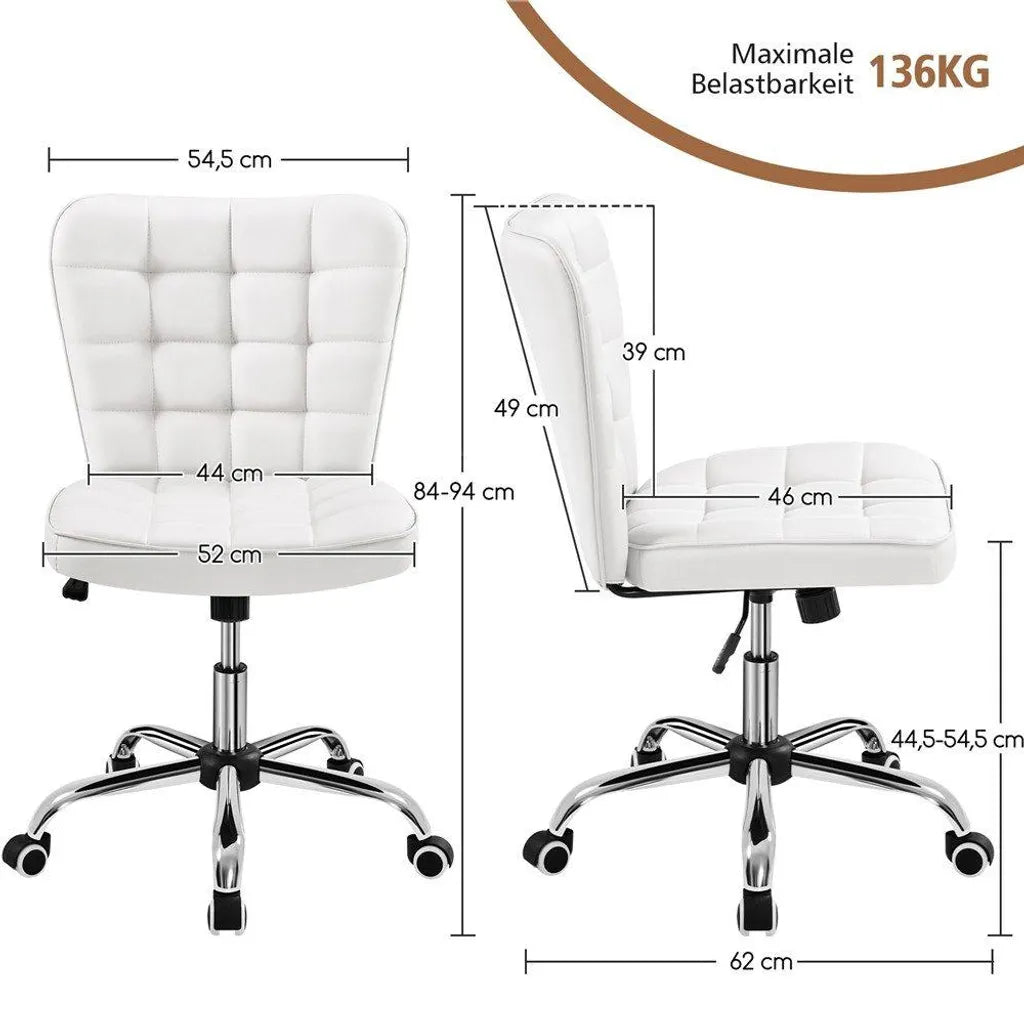 Yaheetech Ergonomischer Bürostuhl - Drehstuhl - Verstellbarer Sitz - Ohne Armlehnen - Kunstleder - Weiß