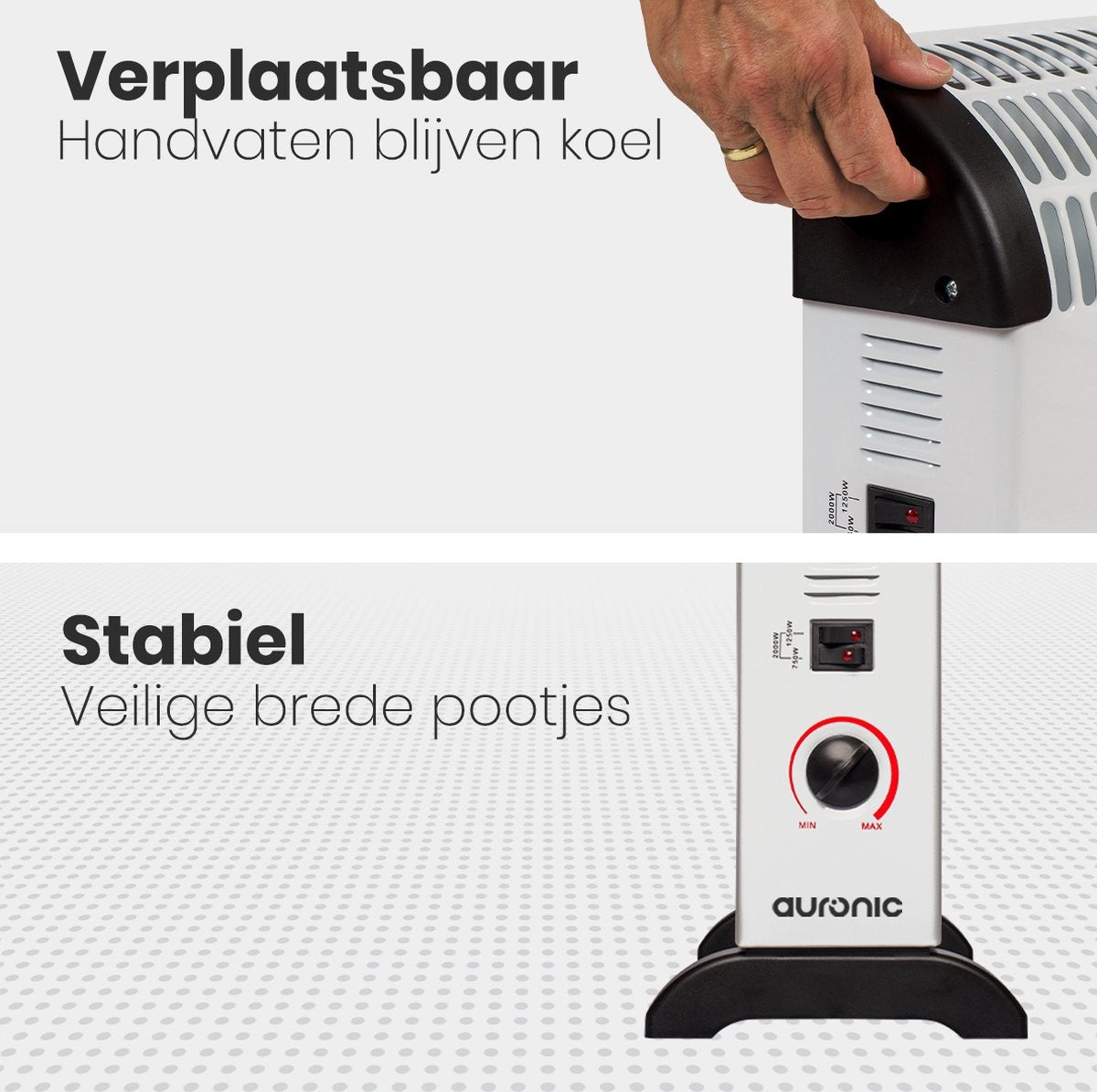 Auronic - Elektrische Konvektorheizung - 750/1250/2000 Watt - Einstellbarer Thermostat - Weiß