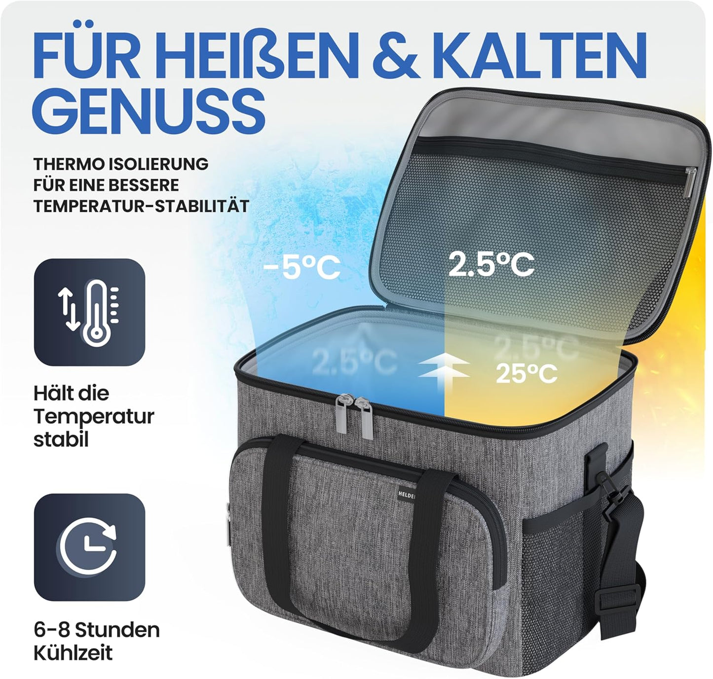 HELDENWERK Faltbare Kühltasche 20L - Isolierte Kühlbox - Auslaufsicher & Wasserdicht - Thermische Picknick- und Lunch-Tasche - Dunkelgrau