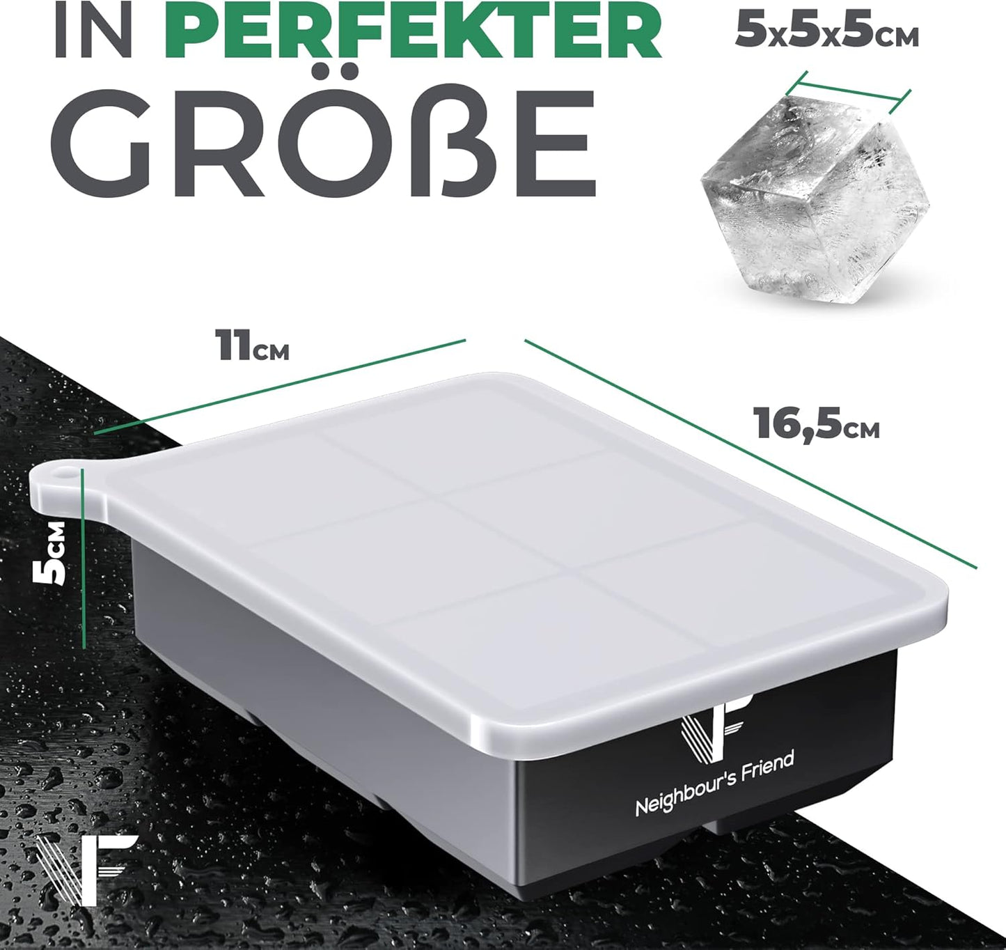 Neighbour's Friend Eiswürfelform groß 2er Pack - 12x XXL Eiswürfel für Cocktails, Whisky & Longdrinks - Platinsilikon Eiswürfelform mit Deckel spülmaschinengeeignet - Rieseneiswürfelform XL