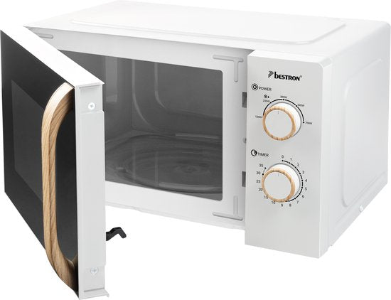 Bestron AMN200NH Mikrowelle 20 Liter – Kompakte Solo-Mikrowelle – 5 Leistungsstufen – Mechanischer Timer mit automatischer Abschaltung – Auftaufunktion – Drehteller – Freistehende Mikrowelle für Küche, Studenten, kleine Haushalte – Weiß