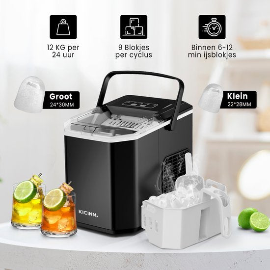 Kicinn Eiswürfelmaschine - Eiswürfelmaschine - Eiswürfelbereiter - Eisportionierer - 12kg/24h - Selbstreinigungsfunktion - Schwarz