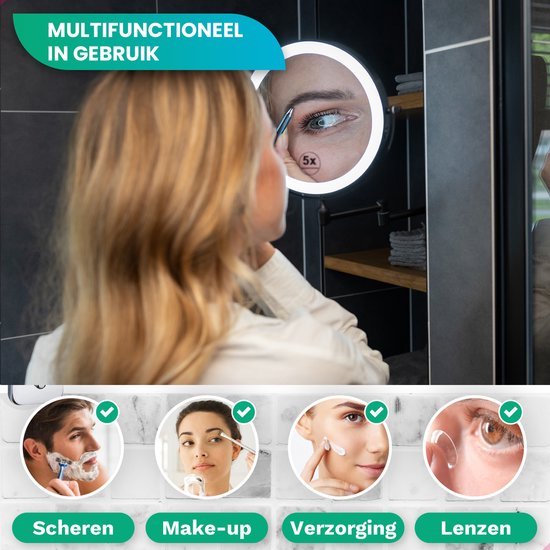 Make-up-Spiegel mit Led-Beleuchtung - 5X Vergrößerung - Wandspiegel rund - Rasierspiegel Wandmodell - Badezimmer - Dusche - Schwarz