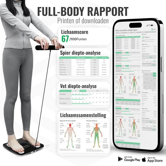 e.volve X11 Waage – Digitale Personenwaage – Intelligente Waage mit 32 Körperanalysen – Über USB aufladbar – Inkl. App & Tragegriff