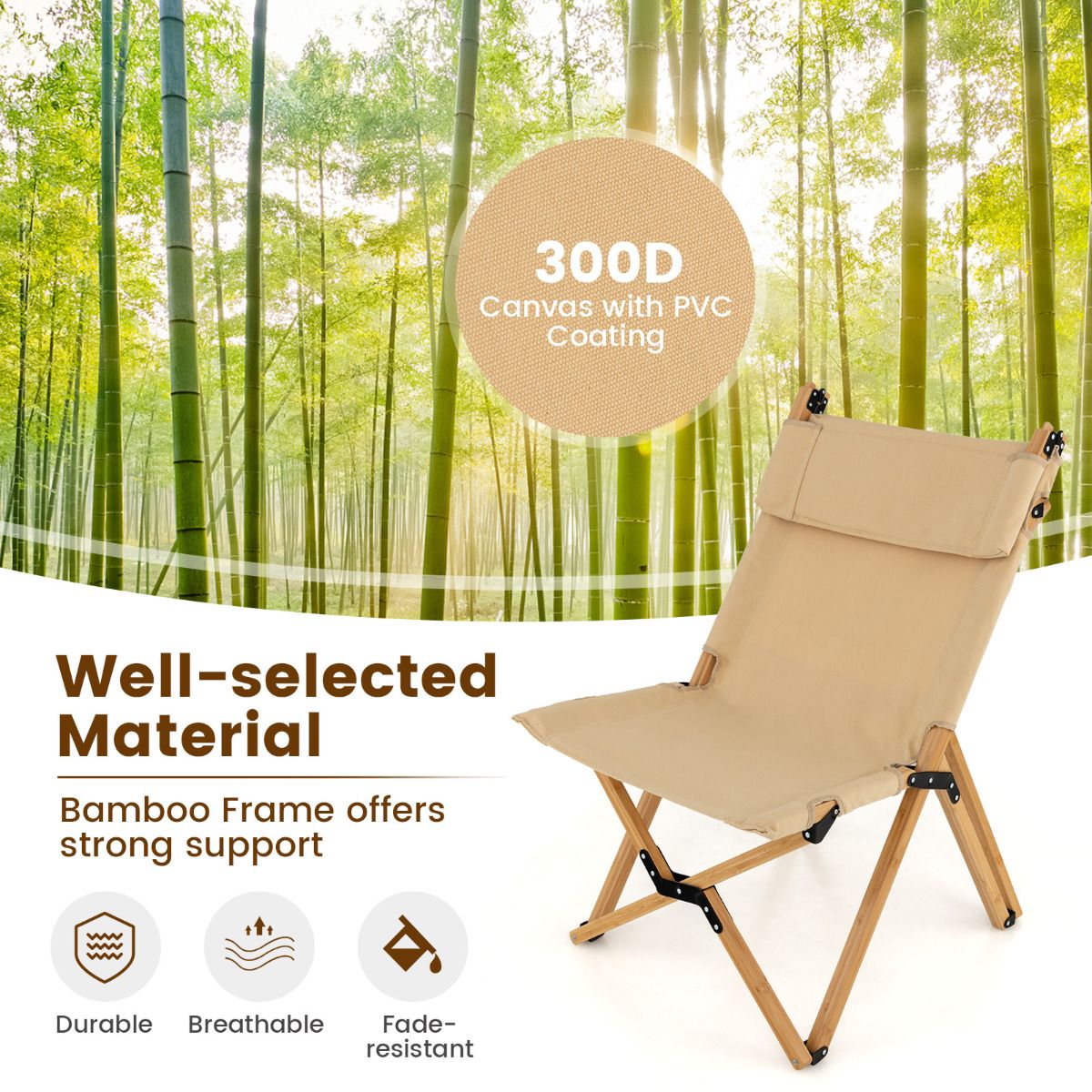 Coast Klappbarer Campingstuhl – Bambus – Verstellbare Rückenlehne – Inklusive Tragetasche – Naturfarben