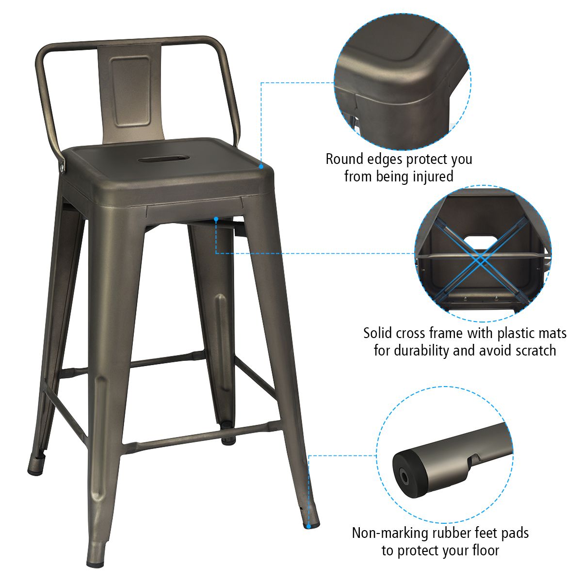 Coast Barhocker - 4er-Set - Metall - Max. 150 kg - 43 x 43 x 79 cm - Schwarz