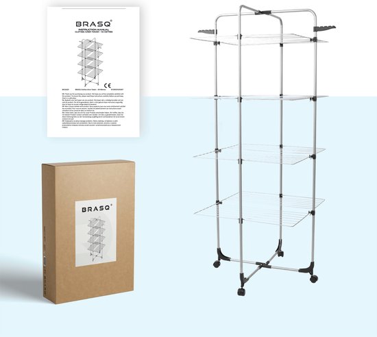 BRASQ Wäscheturm 4 Lagen - Trocknungslänge 40 Meter - Wäscheständer mit Rädern und Halterungen - Wäscheständer - Wäscheturm 68x68x169 cm - Weiß