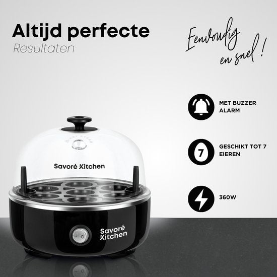 Savoré Kitchen 3-in-1 Eierkocher 7 Eier - Elektrisch - Eierkocher mit Zeitschaltuhr - Schwarz