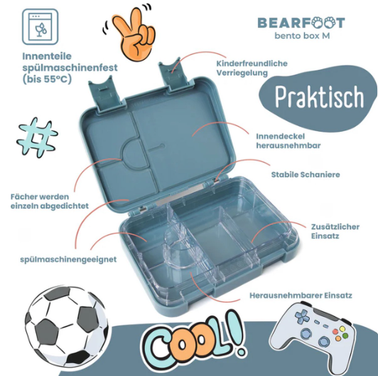 Bearfoot Bento-Box – Blau – 21,3 x 15 x 4,5 cm – Auslaufsicher, spülmaschinenfest