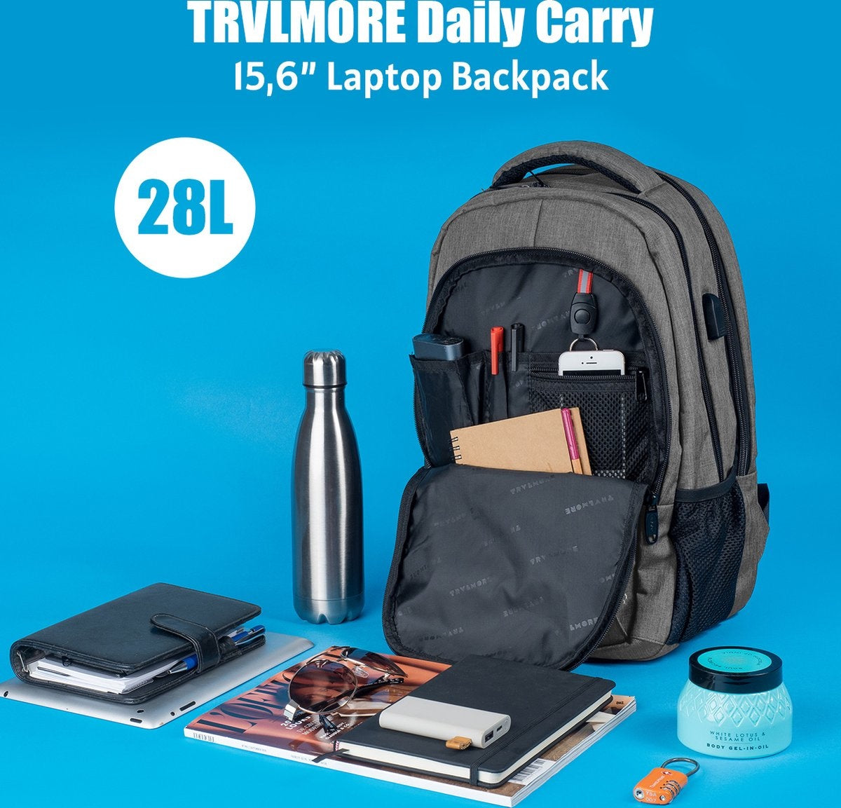 TRVLMORE Rucksack - 25L - 15.6 Zoll - Laptop-Rucksack - Schultasche - Unisex - Spritzwassergeschützt Grau