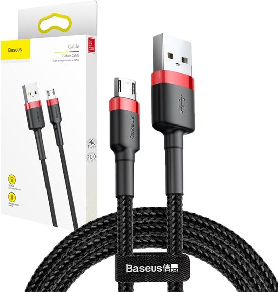 Baseus – Universelles USB-zu-Micro-USB-Kabel – Geeignet u. a. für Samsung und andere Geräte – 2 Meter – 1,5 A – Schwarz/Rot