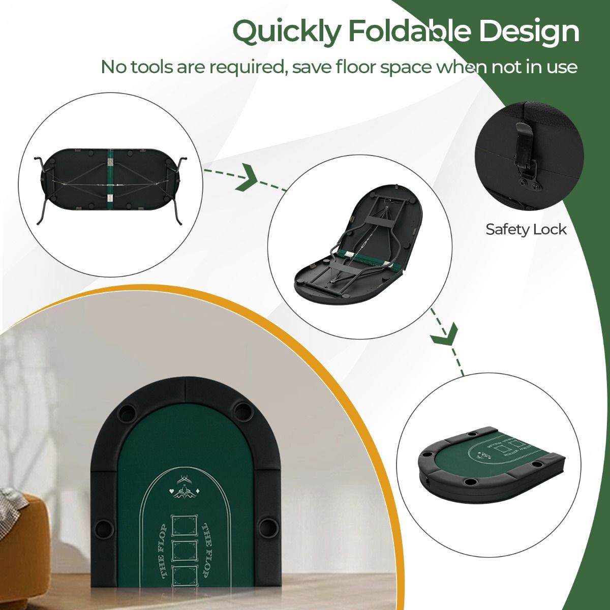 Coast Klappbarer Casinotisch - Für 8 Spieler - 182x82x75 cm - Schwarz/Grün