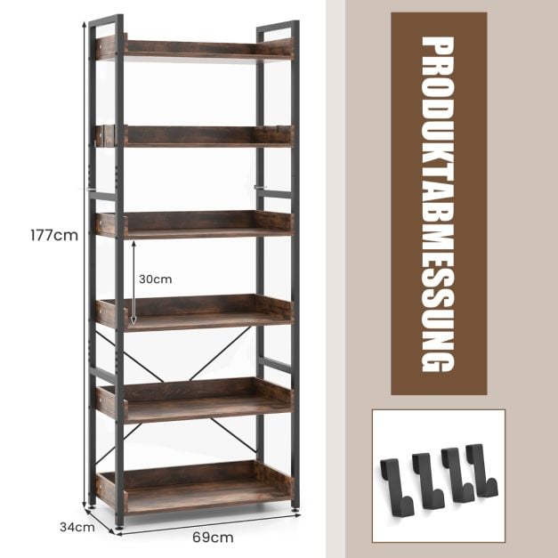 Coast Industrielles Bücherregal mit 6 Einlegeböden und 4 Haken – 69 x 34 x 177 cm – Braun und Schwarz