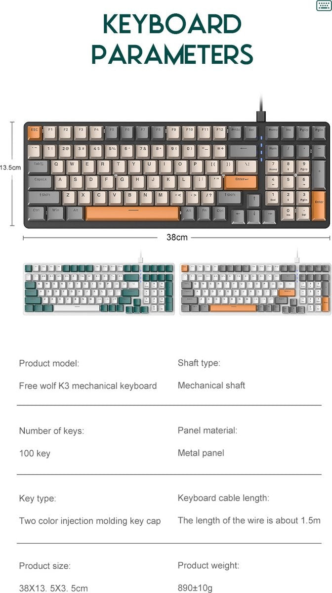 Fuegobird K3 Mechanische Gaming-Tastatur - 100Tasten - Roter Schalter - QWERTY - Mechanische RGB-Hintergrundbeleuchtung - Weiß/Grün
