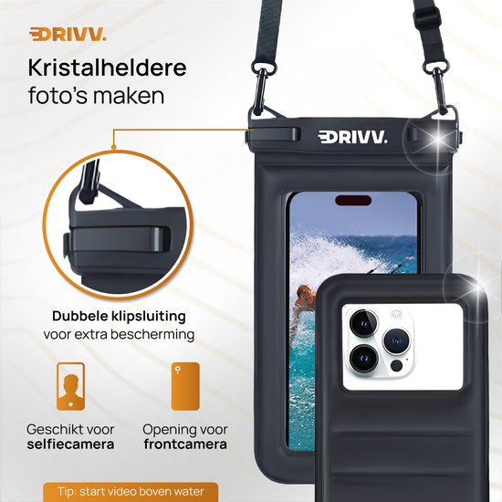 Drivv. Luxuriöse wasserdichte Handyhülle – schwimmfähig – doppelter Clipverschluss – zusätzlicher Schwamm – für Handys bis zu 6,8 Zoll – Unterwasser-Handyhülle – Schwarz