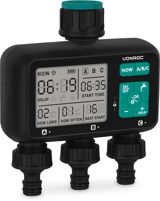 VONROC 3-Wege-Bewässerungsuhr - Bewässerungscomputer für 3 Zonen - Bewässerungszeit und -häufigkeit pro Zone einstellbar
