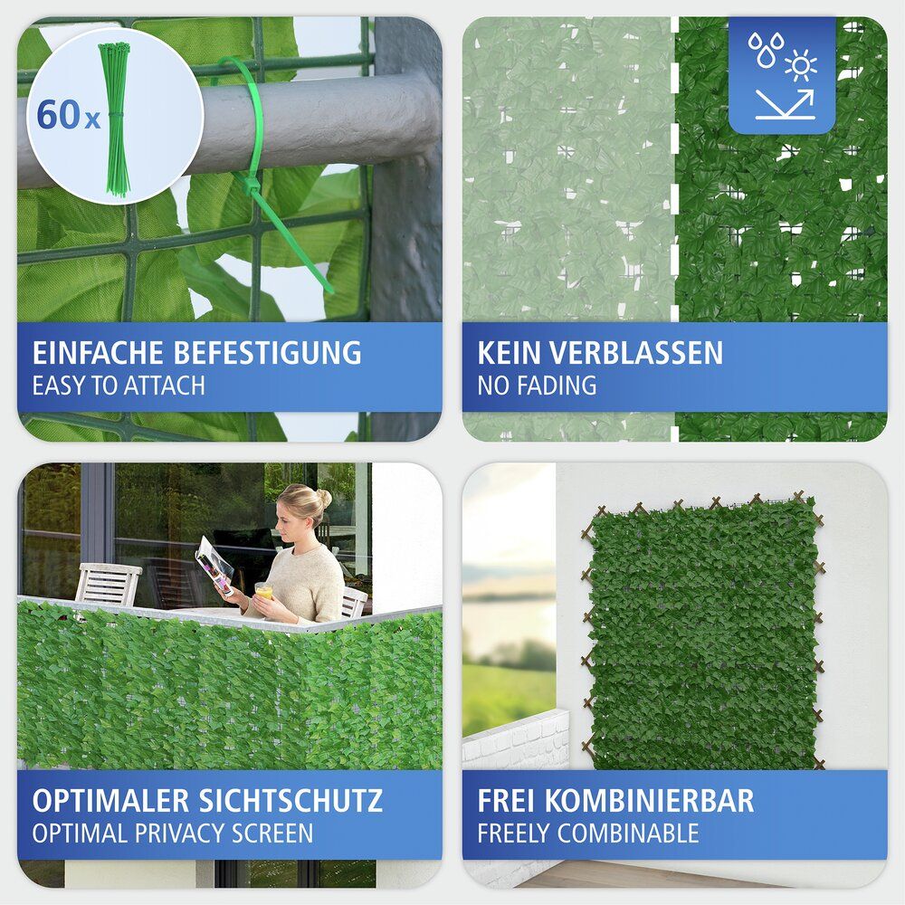 WENKO Ivy Efeu Sichtschutz Grün – 3 x 1 m – Kunststoff