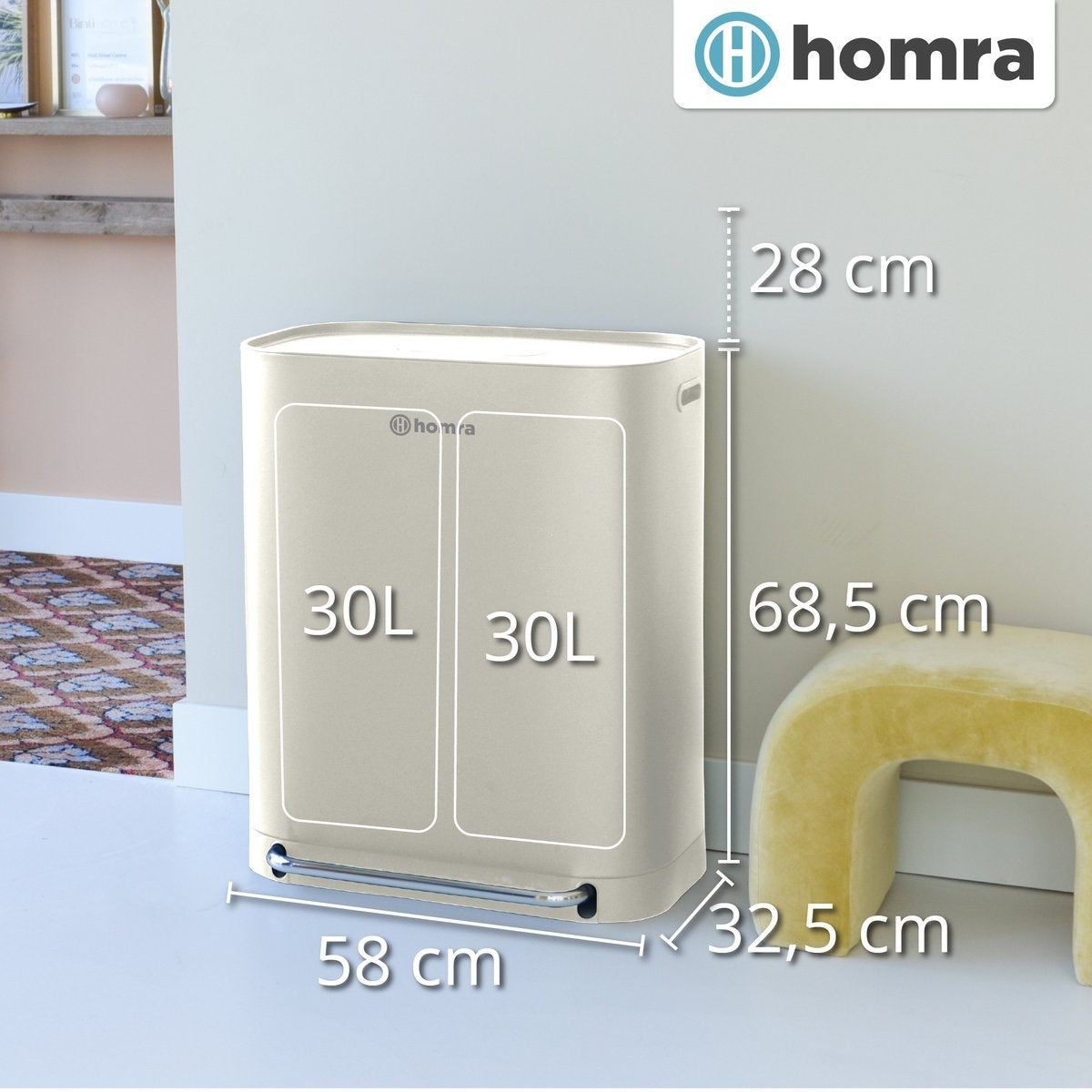 Homra Rockx Mülleimer 60 Liter - Duo-Treteimer 2X30L mit Geruchsfilter - Edelstahl Mülltrennung Mülleimer 2 Fächer - Recycling Mülleimer - Mülleimer Küche Mülltrennung - Abfalleimer - Doppelmülleimer Weiß Creme