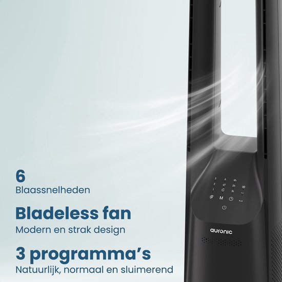 Auronic Turmventilator - Lamellenloses Modell - Luftkühler - Bodenventilator - Leiser Standventilator - 101 CM - 6 Geschwindigkeiten - Ventilator - Mit Zeitschaltuhr - 39 dB - Grau