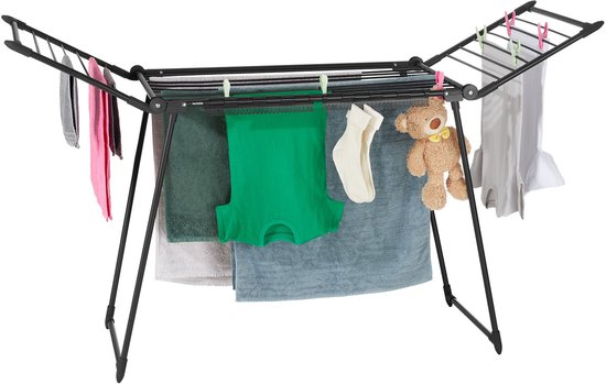 tectake® Wäscheständer – Wäschetrockner – 18 Meter Trockenlänge – zusammenklappbar – Standmodell – Wäscheständer mit 2 Halterungen für kleine Wäsche – hohe Seitenflügel für lange Kleidungsstücke – schwarz