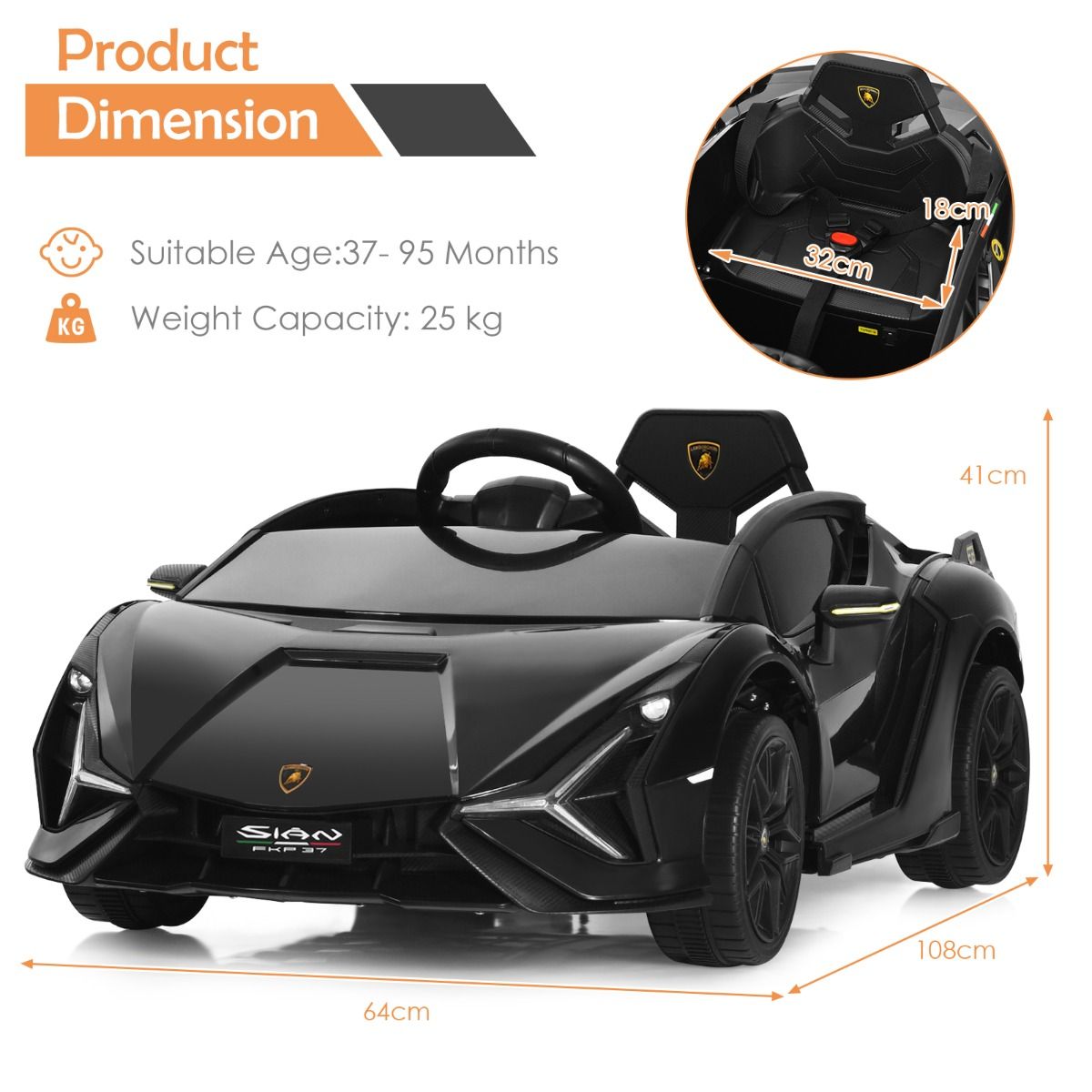 Coast Elektro-Kinderauto – 2,4-GHz-Fernbedienung – LED-Scheinwerfer und Musik – schwarz