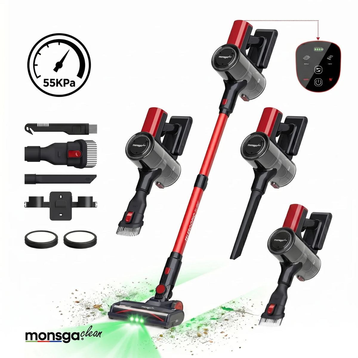 MonsgaClean M100 Akku-Staubsauger – Rot – 55.000 Pa – 45 Min. – 1,8 l – Touchscreen – Anti-Verfilzungsfunktion – Grüne LED