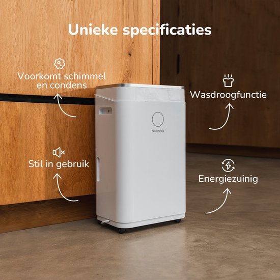 Bloomfold Luftentfeuchter - 16L pro Tag - inkl. Wasch-Trocken-Funktion - geeignet für Wohnzimmer, Schlafzimmer, Keller & Badezimmer - Luftentfeuchter - Weiß