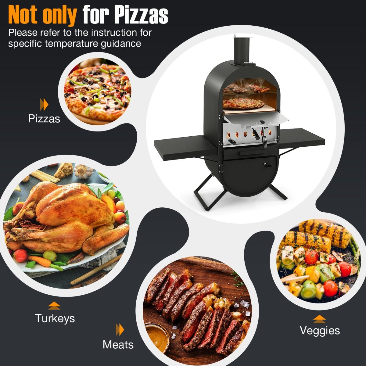 Coast Holzbefeuerter Pizzaofen für draußen - Schwarz - 98 x 31 x 98 cm - Inklusive Pizzastein, Pizzaschaufel und Schutzhülle