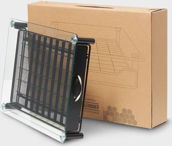 KitchenBrothers Kapselhalter - mit Schublade - Nespresso - 60 Kapseln - Glas - Edelstahl/Schwarz