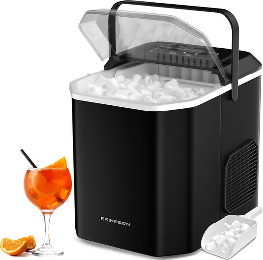 Erikssøn Eiswürfelmaschine - Eiswürfelbereiter - Inkl. Eisportionierer - 12kg/24 Std. - 9 Würfel / 6 Min. - Tragbar - Selbstreinigungsfunktion - Schwarz
